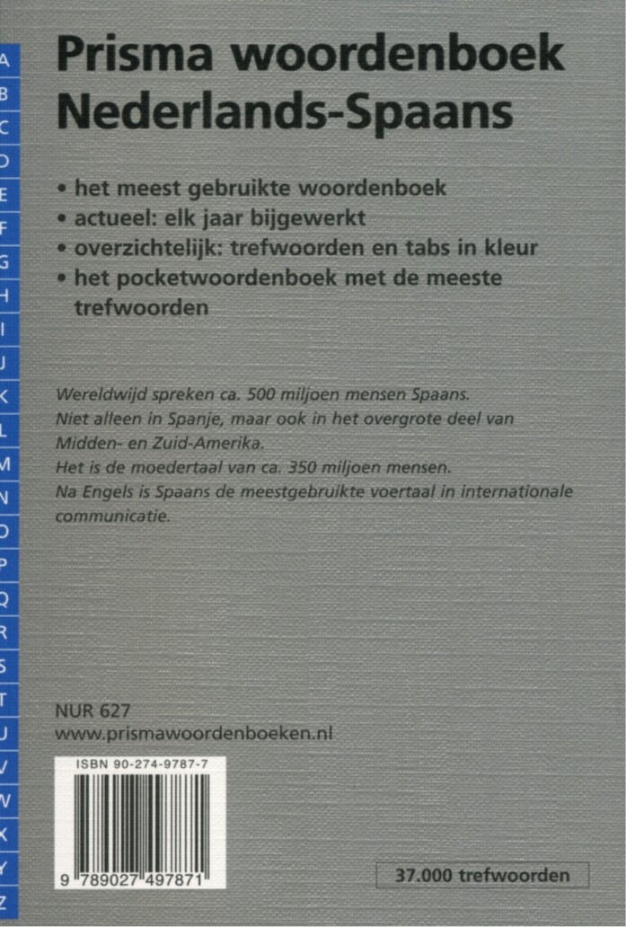 Prisma woordenboek Nederlands-Spaans / Pocket woordenboeken achterkant