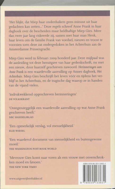 Herinneringen aan Anne Frank achterkant