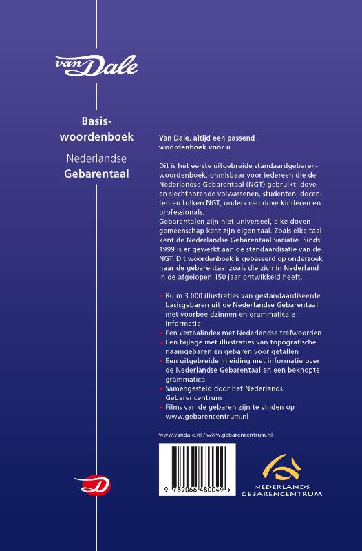 Van Dale Basiswoordenboek Nederlandse Gebarentaal achterkant
