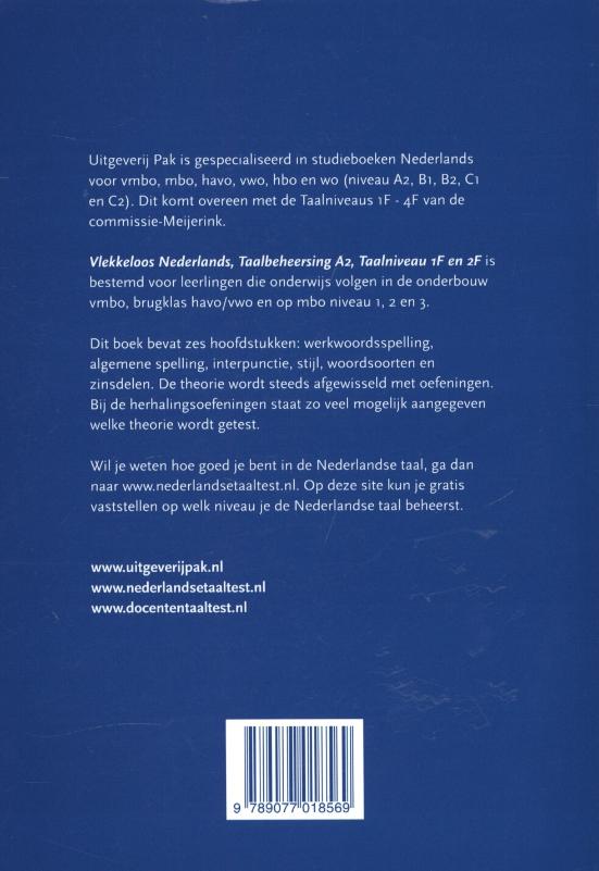 Vlekkeloos Nederlands Taalbeheersing A2 taalniveau 1F en 2F achterkant