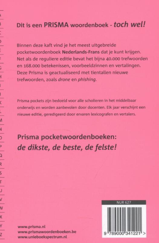 Prisma pocketwoordenboek Nederlands Frans achterkant