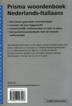 Prisma woordenboek Nederlands-Italiaans / Pocket woordenboeken achterkant