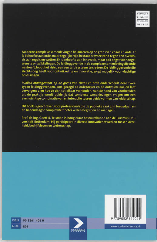 Publiek management op de grens van chaos en orde / Bedrijfskundige signalementen achterkant