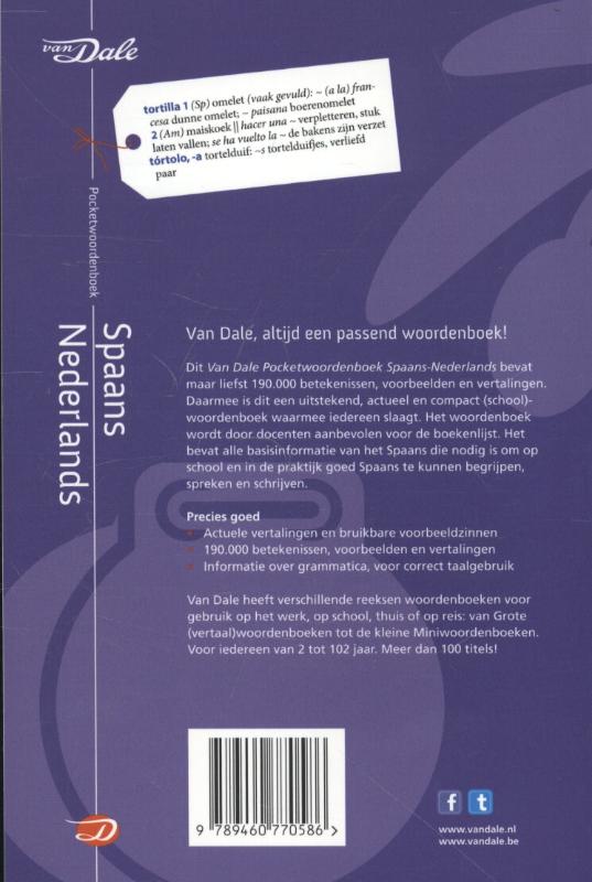 Van Dale pocketwoordenboek Spaans-Nederlands / Van Dale pocketwoordenboek achterkant