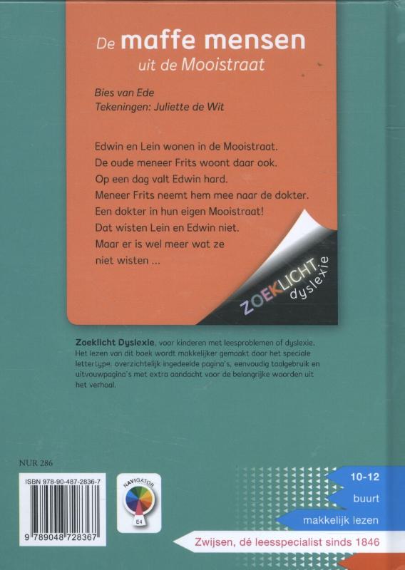 De maffe mensen uit de Mooistraat / Zoeklicht dyslexie achterkant