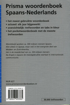 Prisma woordenboek Spaans-Nederlands / Pocket woordenboeken achterkant