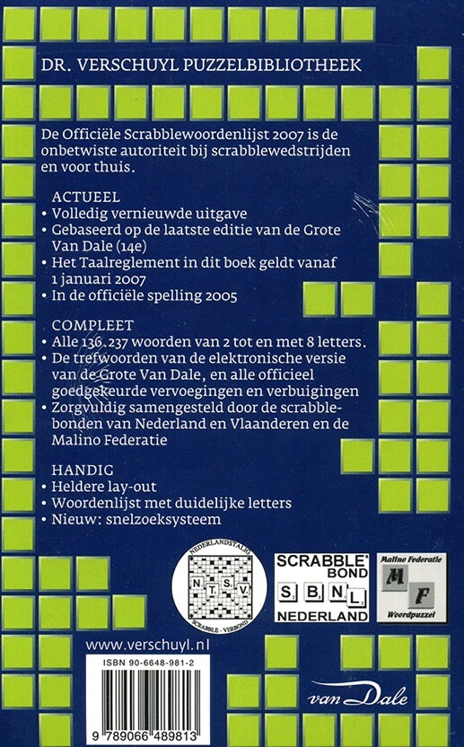 Van Dale Officiele scrabblewoordenlijst / 2007 / Dr. Verschuyl Puzzelbibliotheek achterkant