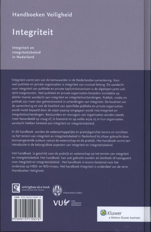 Integriteit: integriteit en integriteitsbeleid in Nederland / Handboeken Veiligheid achterkant