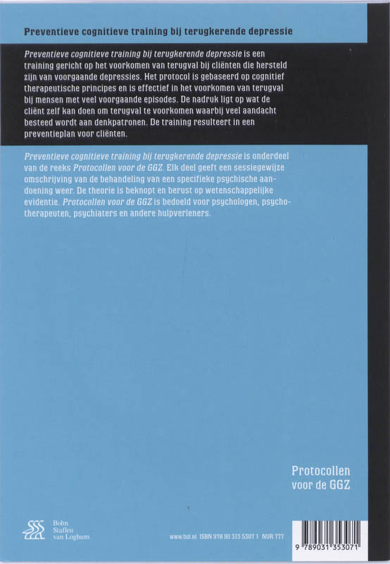 Preventie cognitieve training bij terugkerende depressie / Protocollen voor de GGZ achterkant