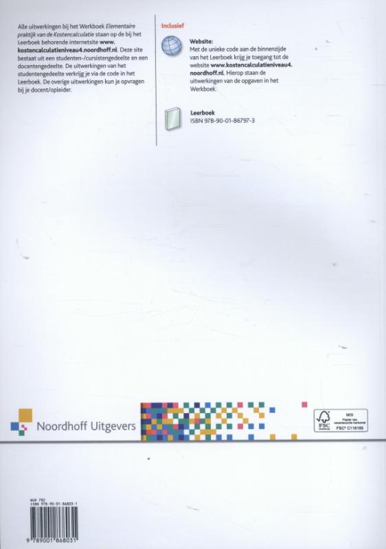 Elementaire praktijk van de kostencalculatie niveau 4 PDB werkboek achterkant