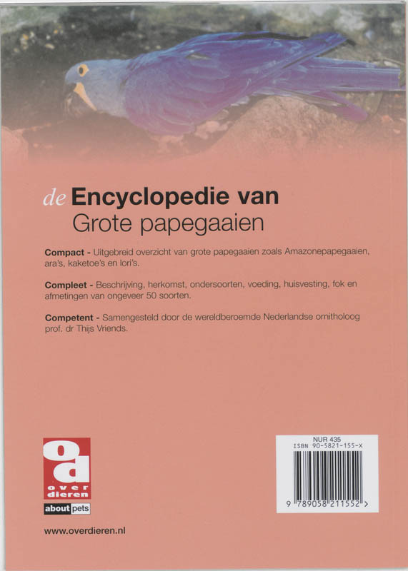 Encyclopedie van grote papegaaien / Over Dieren / 137 achterkant