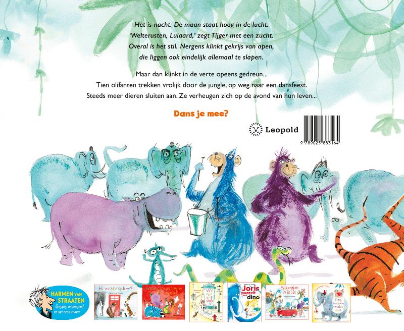 Grappige en ondeugende rijmprentenboeken  -   Tien olifanten op weg naar een dansfeest achterkant