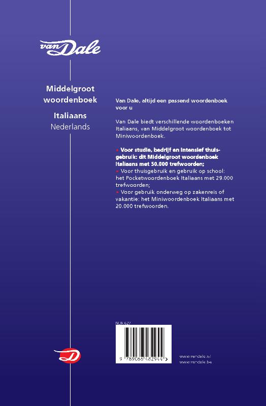 Van Dale middelgrote woordenboeken Van Dale Zanichelli middelgroot woordenboek Italiaans Nederlands / Van Dale middelgrote woordenboeken achterkant