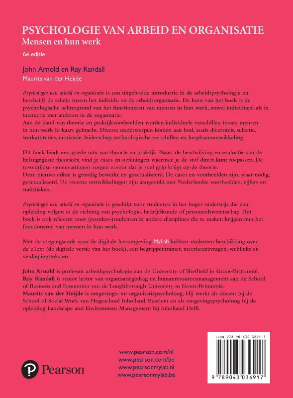 Psychologie van arbeid en organisatie, 6e editie met MyLab NL toegangscode achterkant