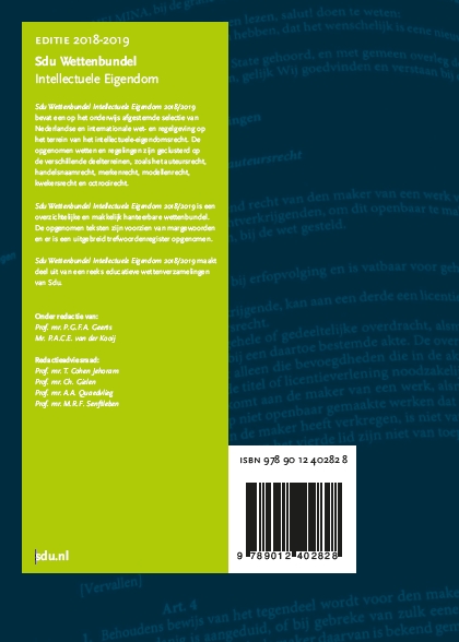 Sdu Wettenbundel Intellectuele Eigendom. / Studiejaar 2018-2019 / Educatieve wettenverzameling achterkant