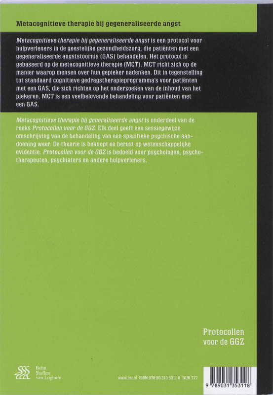 metacognitieve therapie bij gegeneraliseerde angst / Protocollen voor de GGZ achterkant