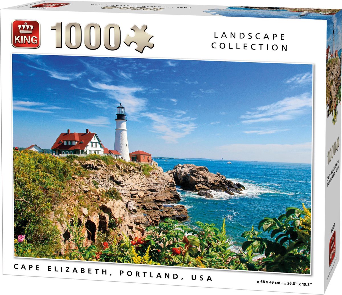 King Puzzel 1000 Stukjes (68 x 49 cm) - Cape Elizabeth Portland USA - Legpuzzel Vuurtoren - Volwassenen