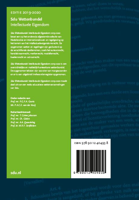 Educatieve wettenverzameling  -  Sdu Wettenbundel Intellectuele Eigendom Studiejaar 2019-2020 achterkant
