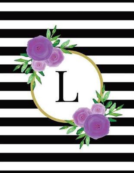 Black and White Striped Purple Floral Monogram Journal with Letter L