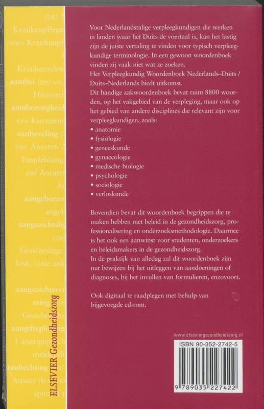 Verpleegkundig woordenboek Nederlands-Duits Duits-Nederlands achterkant