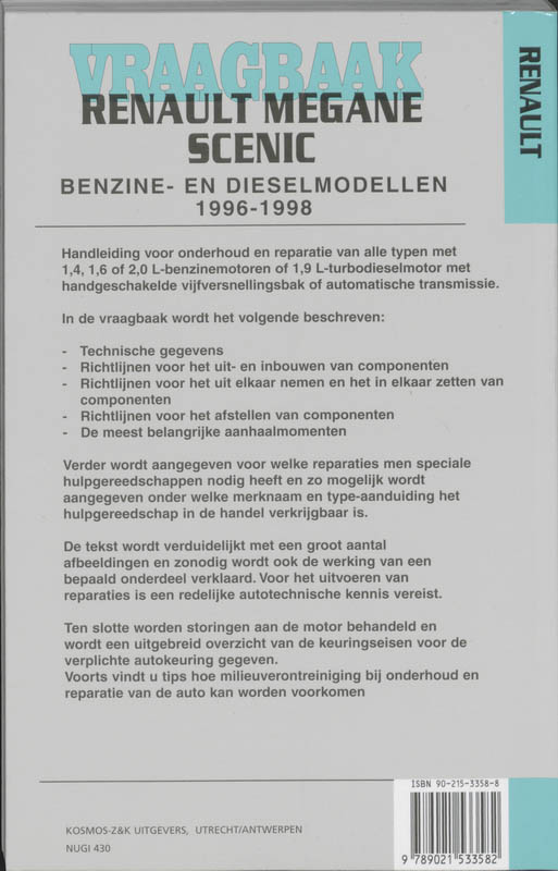 Vraagbaak Renault Megane Scenic / Benzine- en dieselmodellen 1996-1998 / Autovraagbaken achterkant