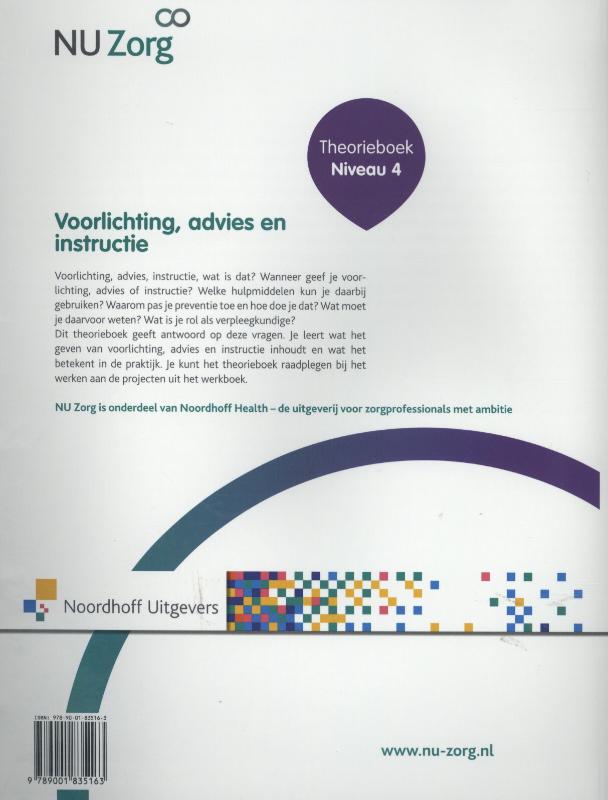 Voorlichting advies en instructie / Niveau 4 / Theorieboek / NU Zorg achterkant