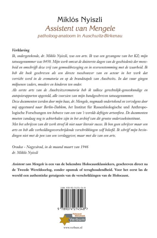 Assistent van Mengele / Verbum Holocaust Bibliotheek Assistent van Mengele / Verbum Holocaust Bibliotheek achterkant