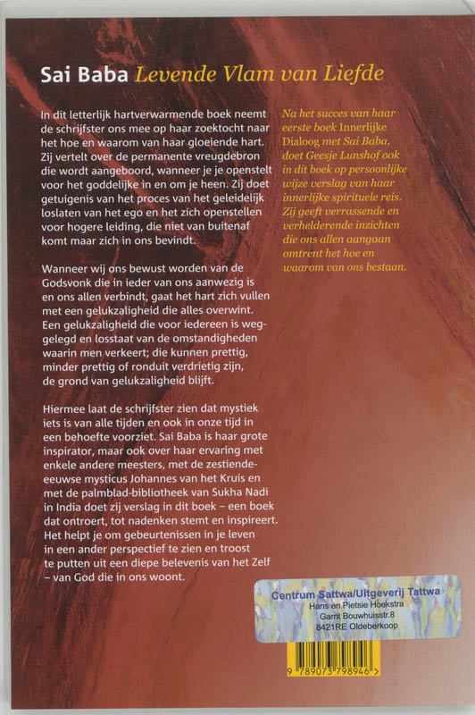 Sai Baba, levende vlam van liefde achterkant