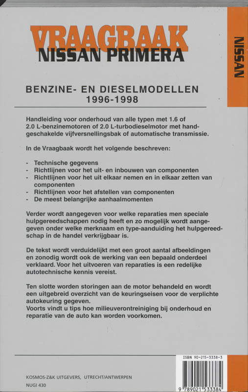 Vraagbaak Nissan Primera / Benzine- en dieselmodellen 1996-1998 / Autovraagbaken achterkant