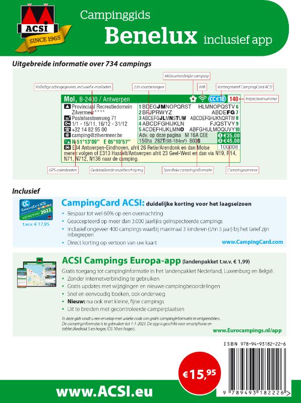 ACSI Campinggids Benelux + app 2022 / ACSI Campinggids achterkant