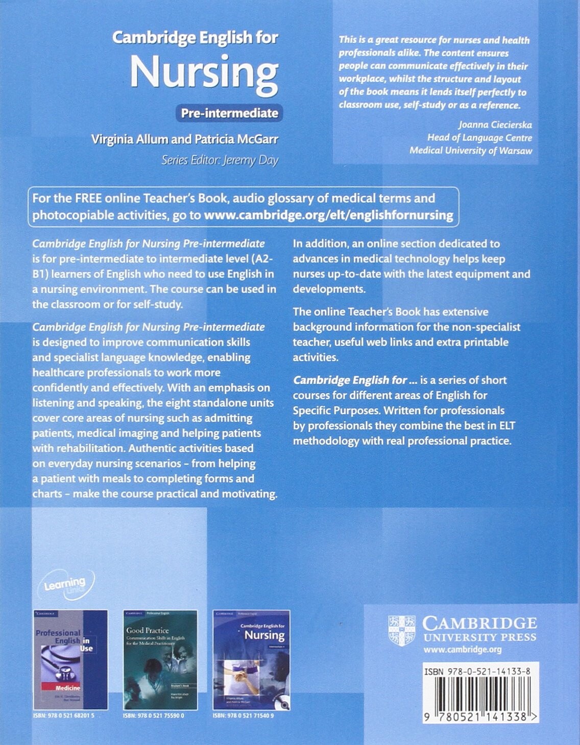 Cambridge English for Nursing Pre-intermediate Student's Boo achterkant