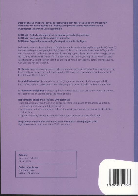 Traject V&V - Voorlichting, advies en instructie Theorieboek Niveau 4 achterkant