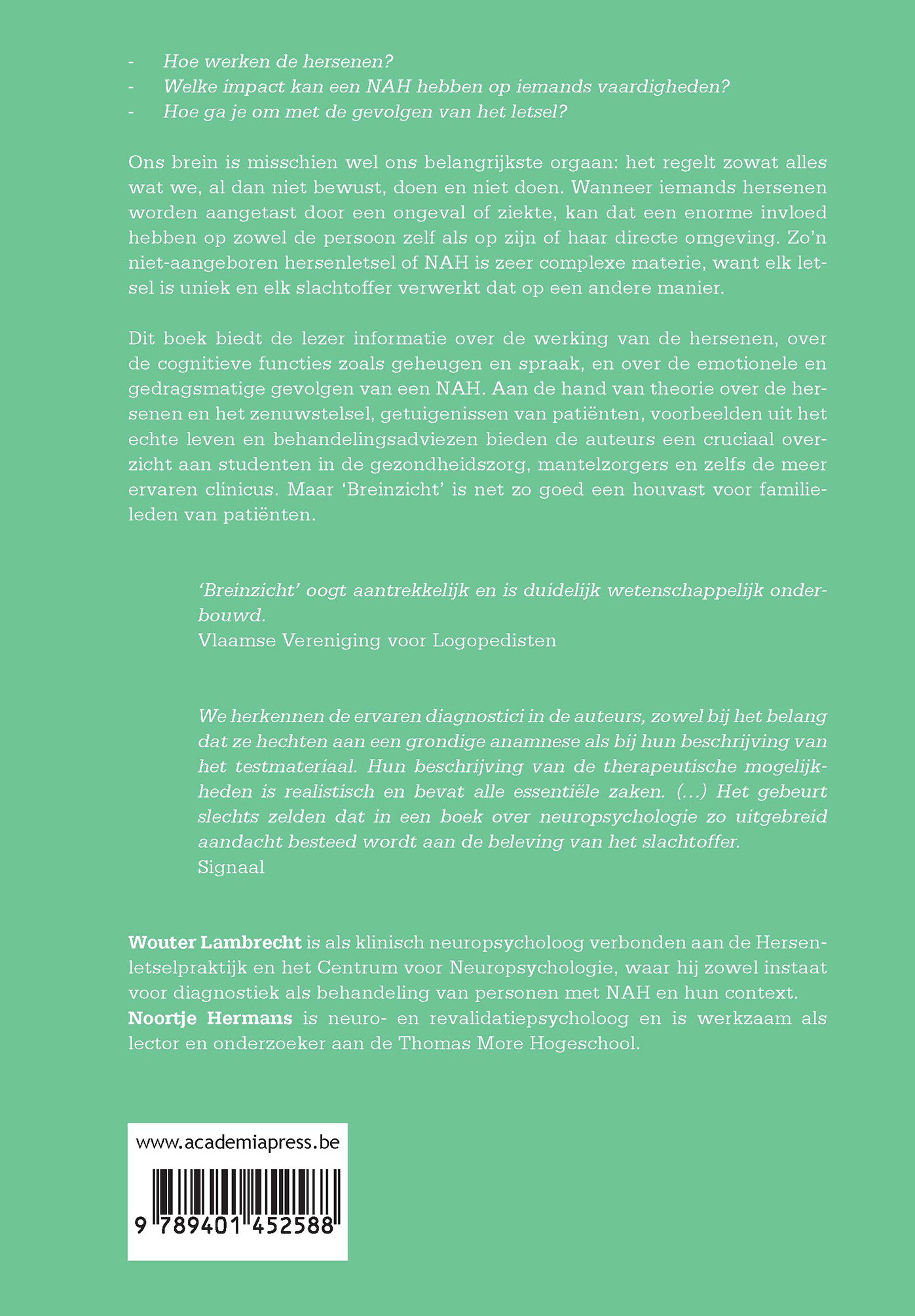 Breinzicht: Toegepaste neuropsychologie bij een niet-aangeboren hersenletsel Breinzicht: Toegepaste neuropsychologie bij een niet-aangeboren hersenletsel achterkant
